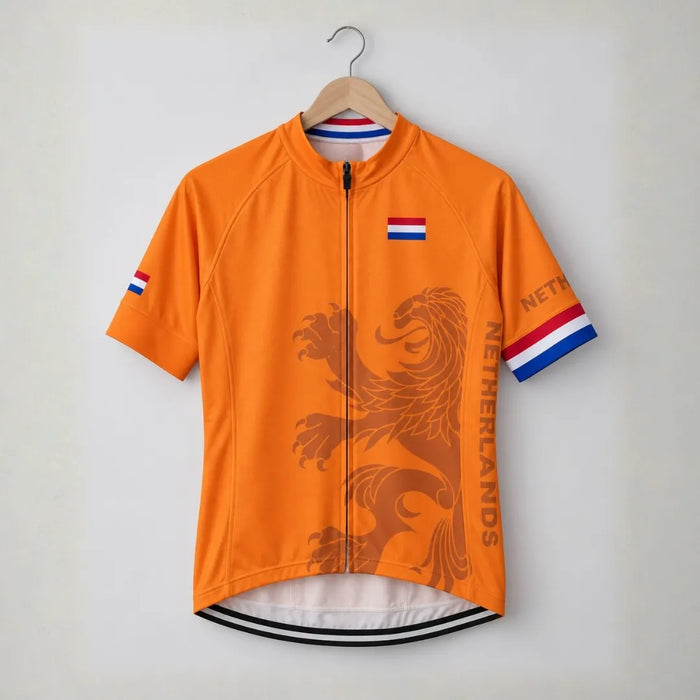 Netherlands Cycling Jersey hanging on a hanger