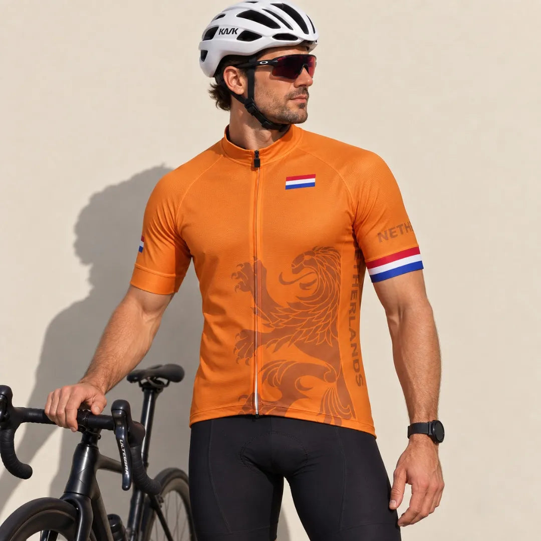 Male cyclist wearing the Netherlands Cycling Jersey outdoors