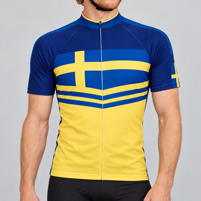 Male model shown from the chin down wearing the blue and yellow Retro Sweden Sverige Flag short-sleeve cycling jersey against a light grey studio background.