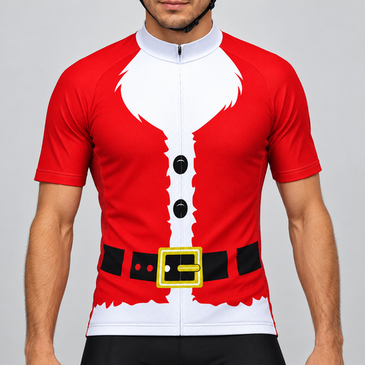 Male model shown from the chin down wearing the red Santa Jacket short-sleeve cycling jersey with white beard, black buttons and belt graphic against a light grey studio background.
