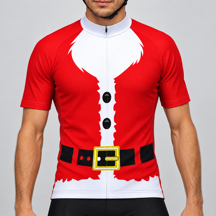 Male model shown from the chin down wearing the red Santa Jacket short-sleeve cycling jersey with white beard, black buttons and belt graphic against a light grey studio background.