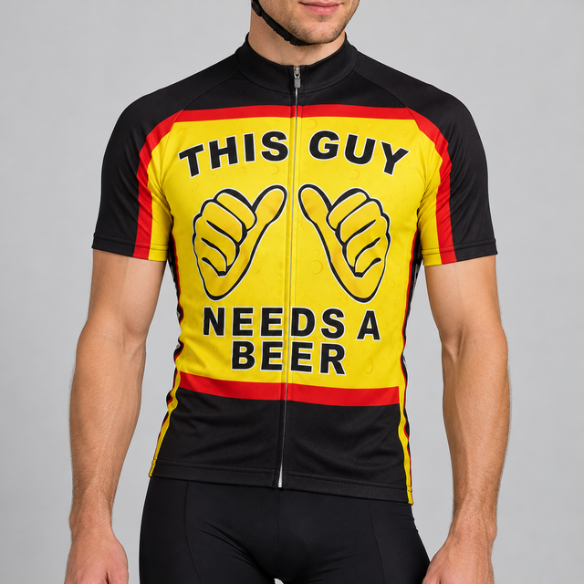 Male model wearing the yellow, black and red short-sleeve This Guy Needs A Beer cycling jersey with inward-pointing hand graphics against a light grey studio background.