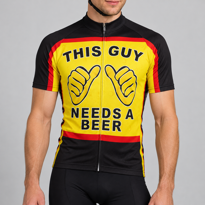 Male model wearing the yellow, black and red short-sleeve This Guy Needs A Beer cycling jersey with inward-pointing hand graphics against a light grey studio background.