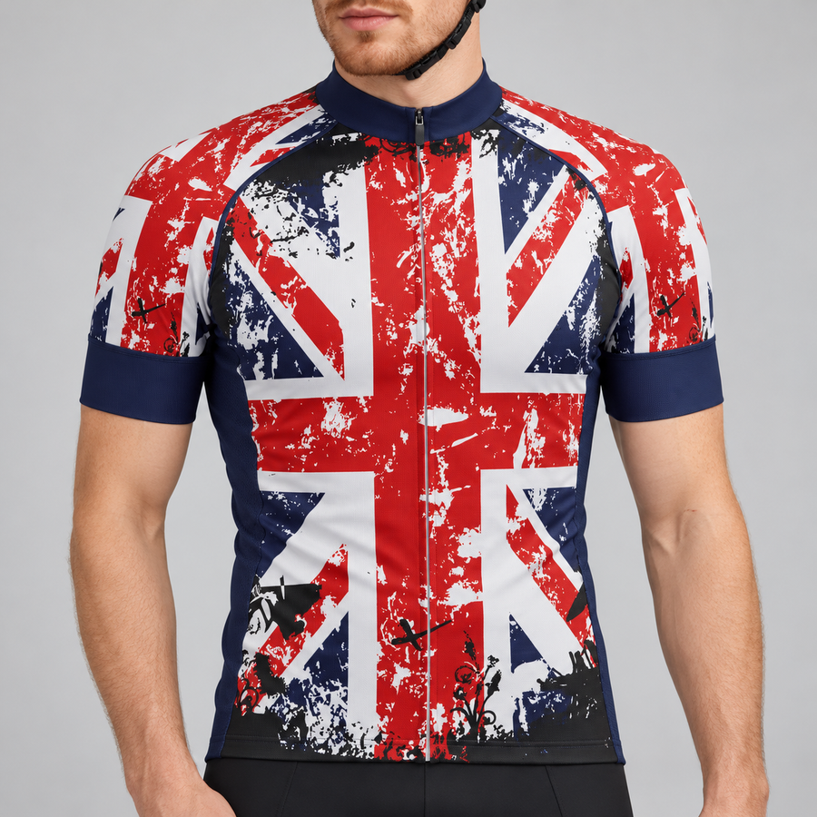 Male model wearing the red, white and navy distressed Union Jack short-sleeve cycling jersey with navy collar and cuffs against a light grey studio background.