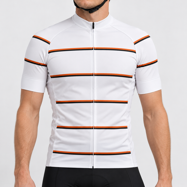 Male model wearing the white short-sleeve GG BASICS White Hoops cycling jersey with repeated orange and black stripes, shown with black cycling shorts against a light grey studio background.