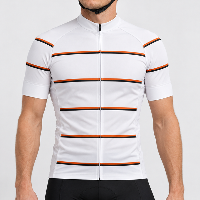 Male model wearing the white short-sleeve GG BASICS White Hoops cycling jersey with repeated orange and black stripes, shown with black cycling shorts against a light grey studio background.